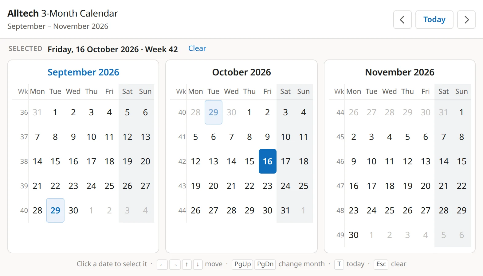Alltech 3-Month Calendar popup showing September, October and November 2026 with week numbers, shaded weekends, today (29 September) chipped in blue and Friday 16 October selected