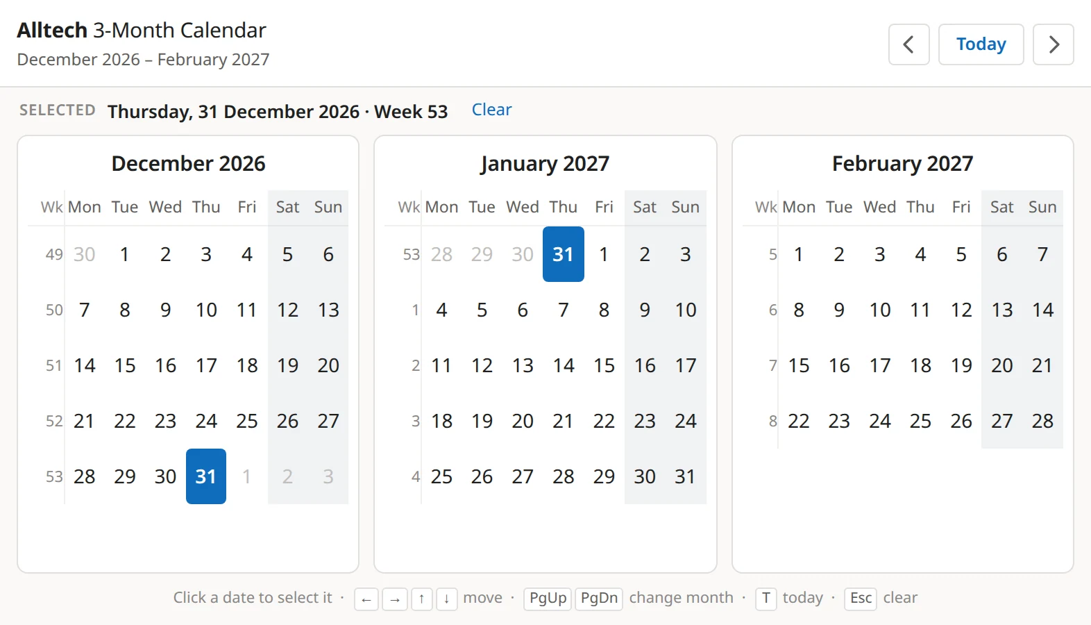 Popup showing December 2026 to February 2027 with Thursday 31 December selected and labelled Week 53, and the same week continuing into January 2027