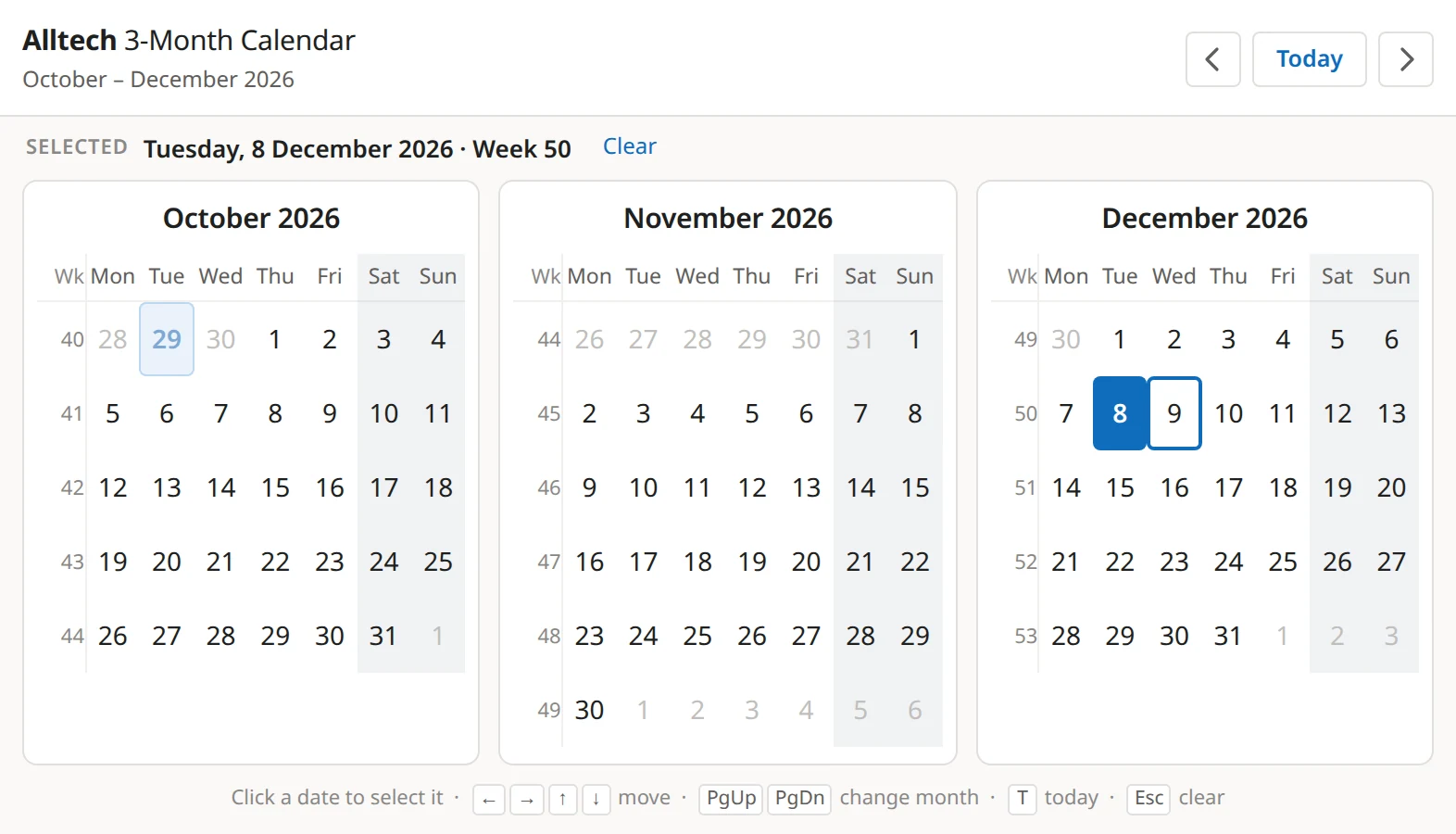 Popup showing October to December 2026 after keyboard navigation, with 8 December selected and a focus outline on 9 December
