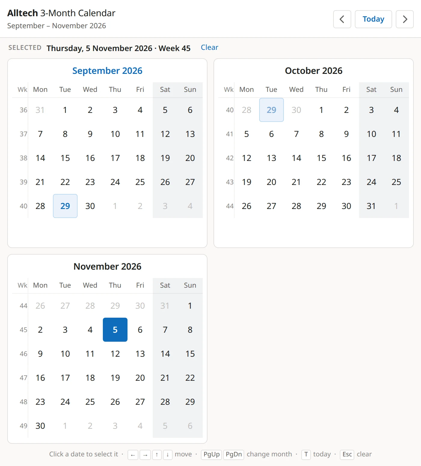 Narrower popup with September and October side by side and November wrapped onto a second row, 5 November selected