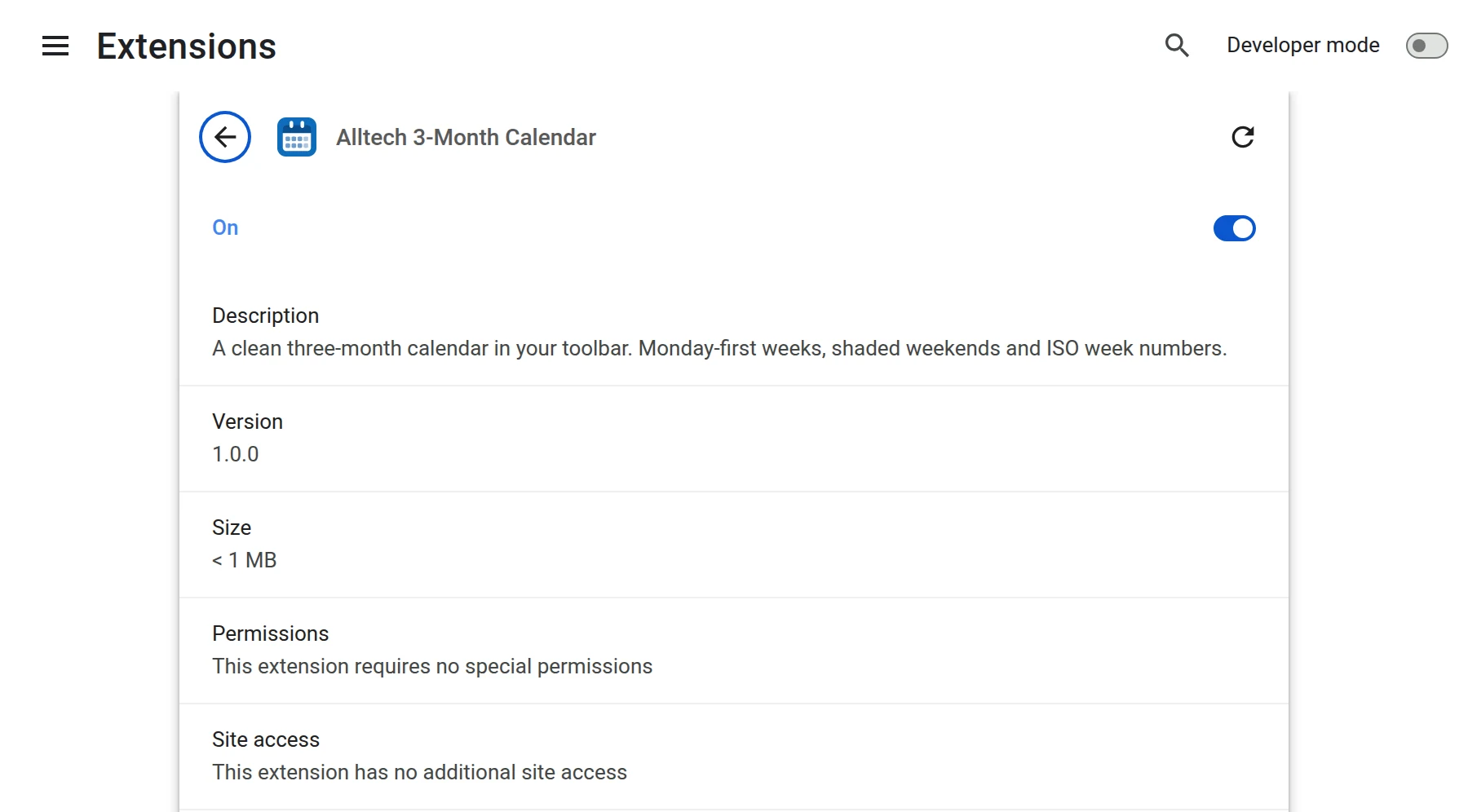 Chromium extensions details page for Alltech 3-Month Calendar version 1.0.0, stating the extension requires no special permissions and has no additional site access