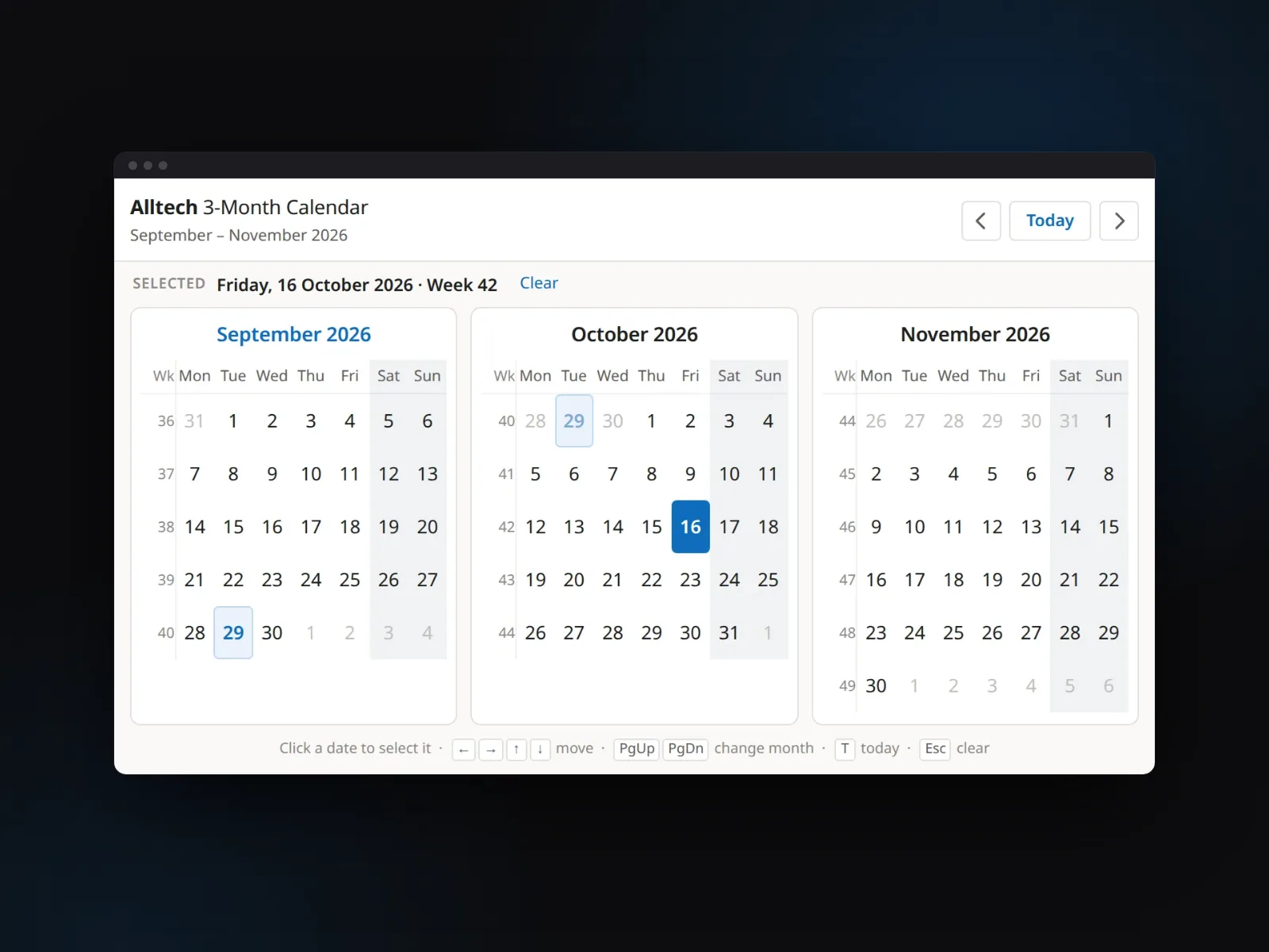 The Alltech 3-Month Calendar popup showing September, October and November 2026 side by side, with today marked and 16 October selected