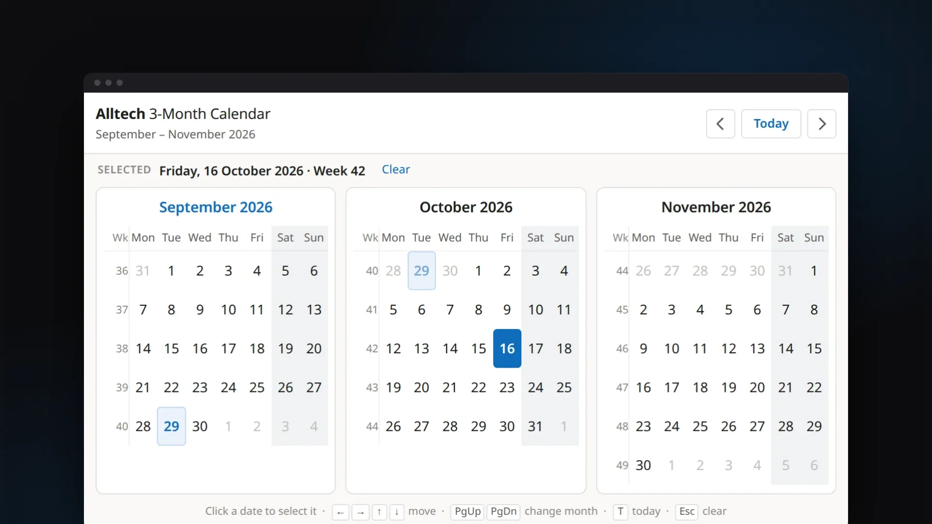 Alltech 3-Month Calendar popup in a browser frame: three month cards with week numbers, shaded weekends and the selected date spelled out above the grid