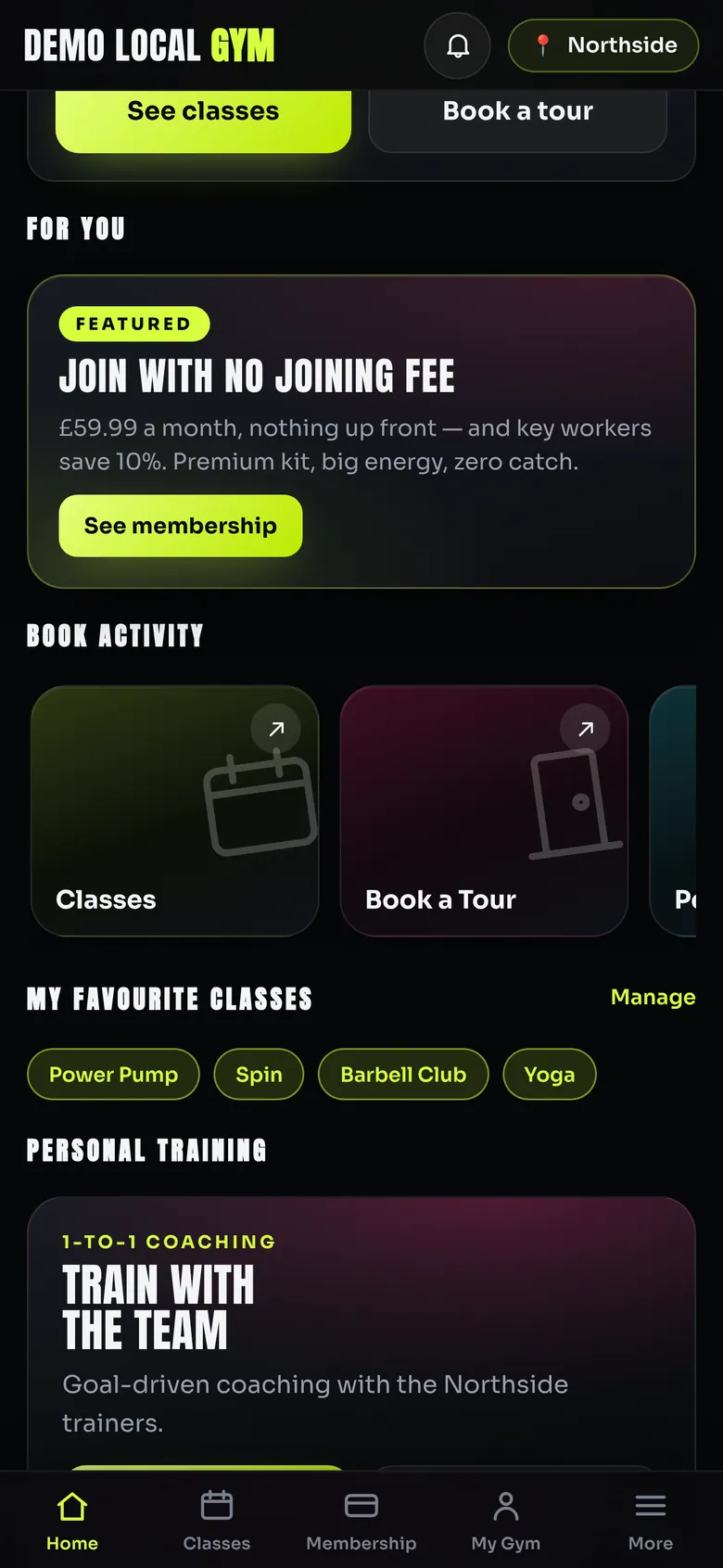 Home screen scrolled to the featured no-joining-fee offer, book-activity cards, favourite classes and a personal training panel