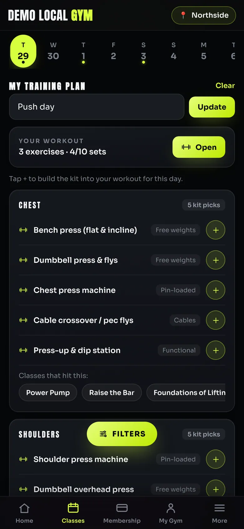 Classes timetable with an eight-day strip, the training plan 'Push day', a workout summary of 3 exercises and 4 of 10 sets, and the chest and shoulders equipment lists with add buttons