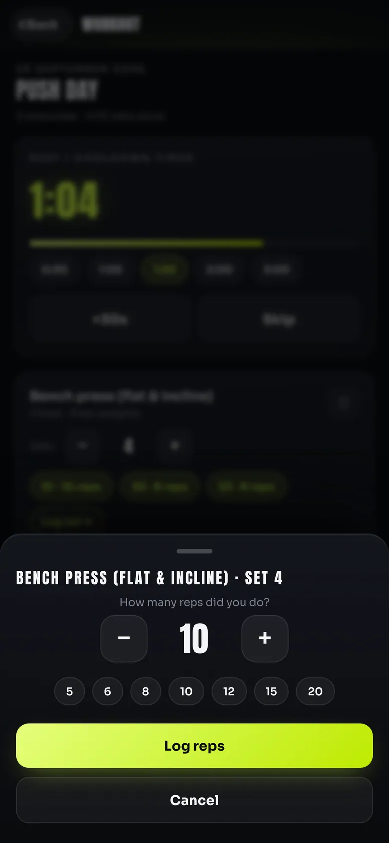 Bottom sheet titled Bench press set 4 asking how many reps were completed, with a stepper and quick-pick numbers