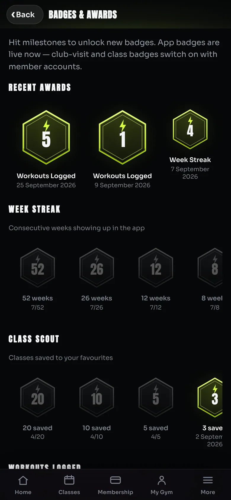 Badges and Awards screen with earned hexagon badges for workouts logged and week streak, and locked higher tiers
