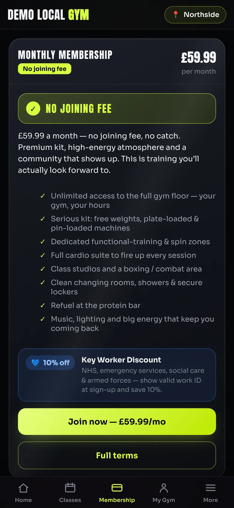 Monthly membership card showing £59.99 per month, no joining fee, benefits list and a 10% key worker discount