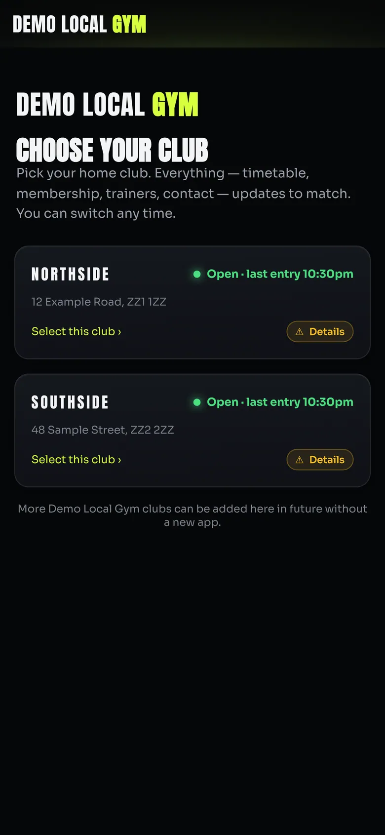 First-run Choose your club screen listing the fictional Northside and Southside clubs, each with a live open status