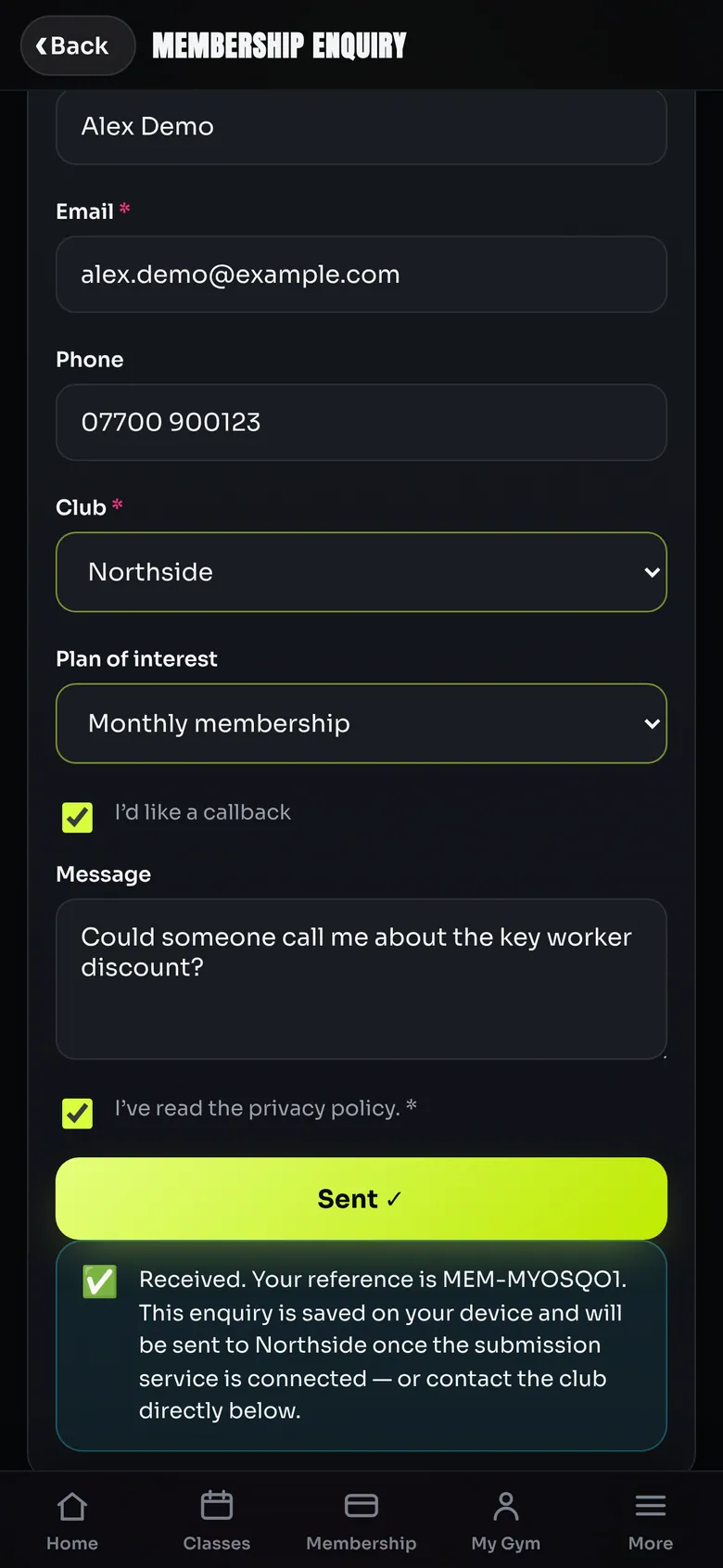 Membership enquiry form filled with fictional details and a confirmation banner showing a reference number