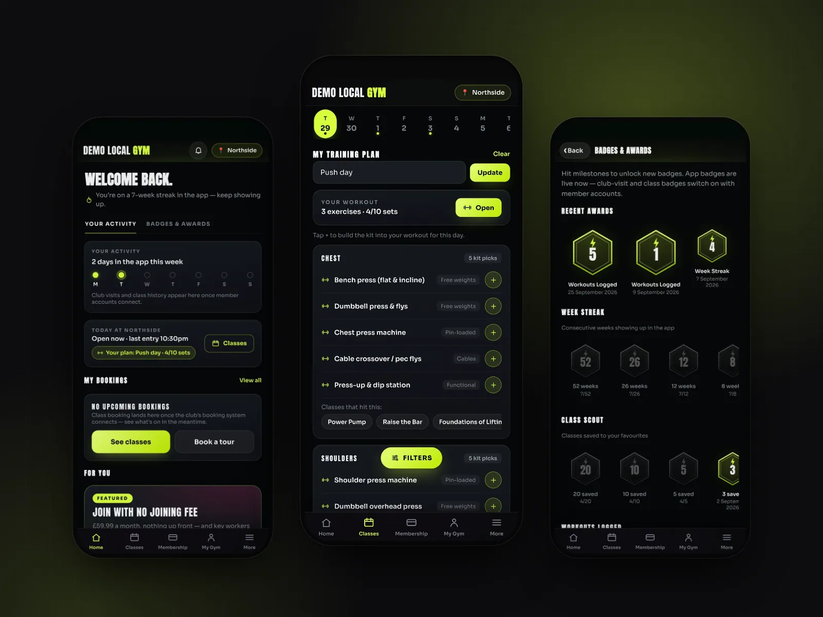 Three Demo Local Gym app screens side by side: the home dashboard with the weekly streak, the training planner, and badges and awards