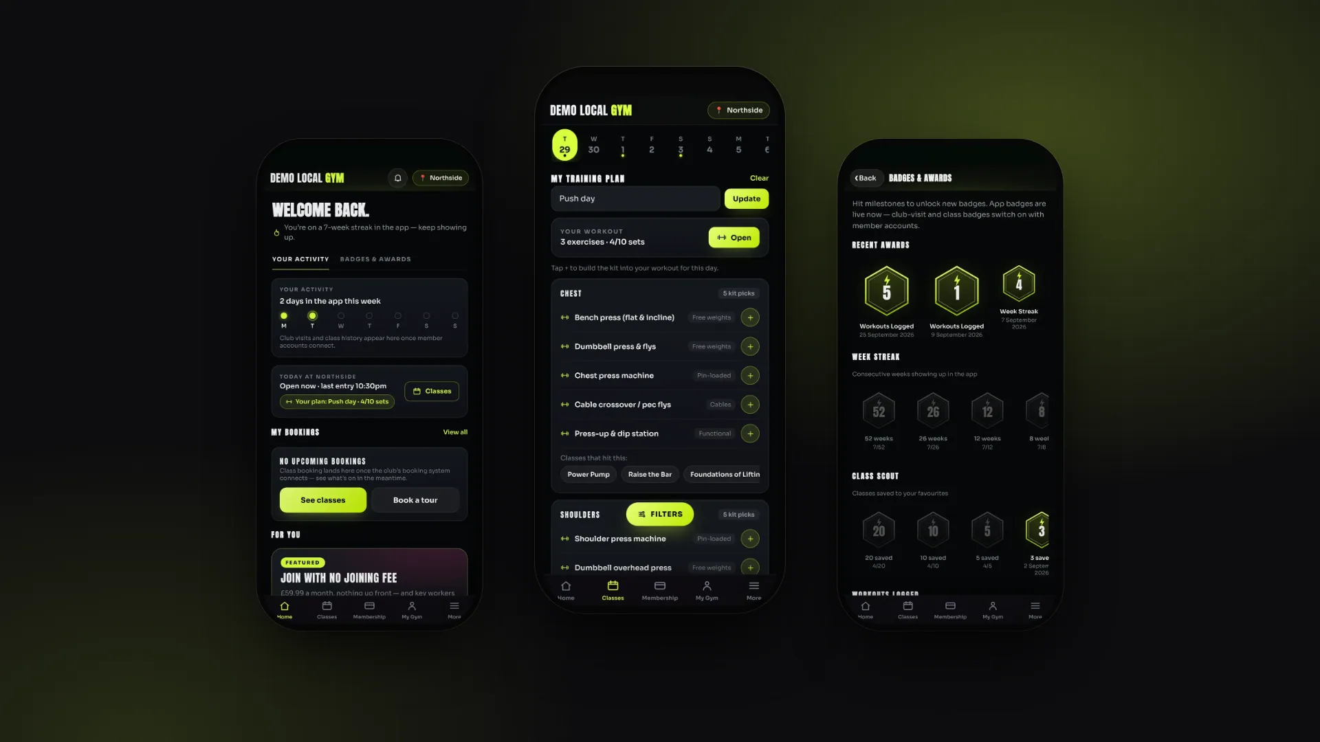 Three Demo Local Gym app screens side by side: the home dashboard with the weekly streak, the training planner, and badges and awards