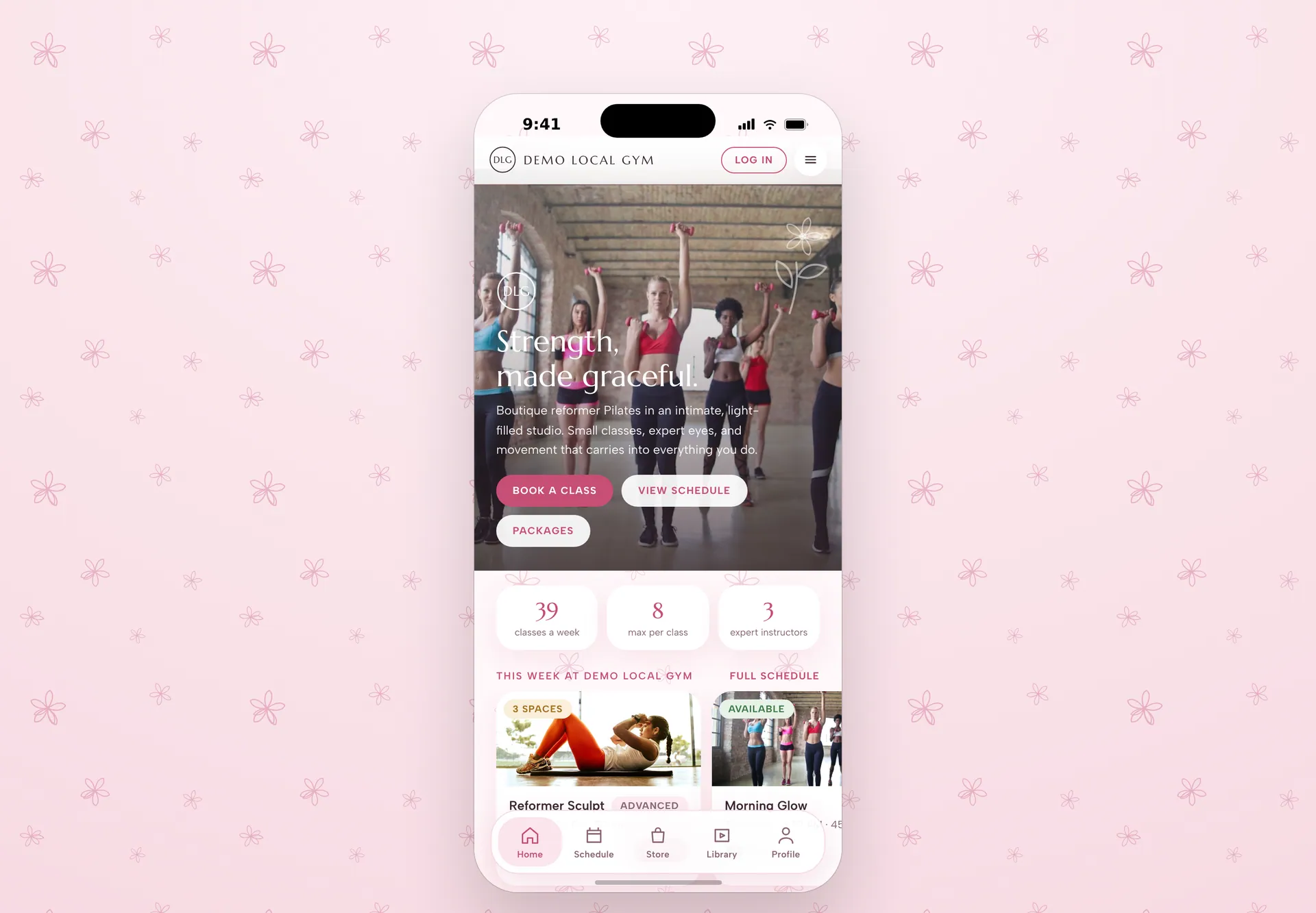 The Demo Local Gym public website with the 'Strength, made graceful' hero, studio figures and this week's classes, shown inside a phone frame on a pink floral background in a desktop browser