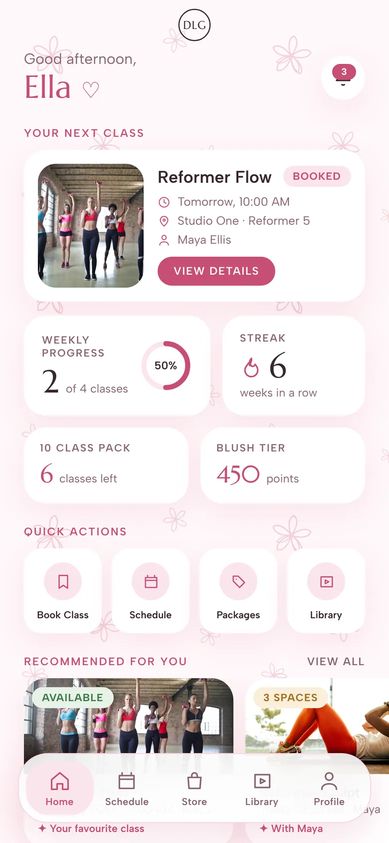 Member dashboard greeting a fictional member, with next booked class, weekly progress ring, streak, credits left, loyalty points and quick actions
