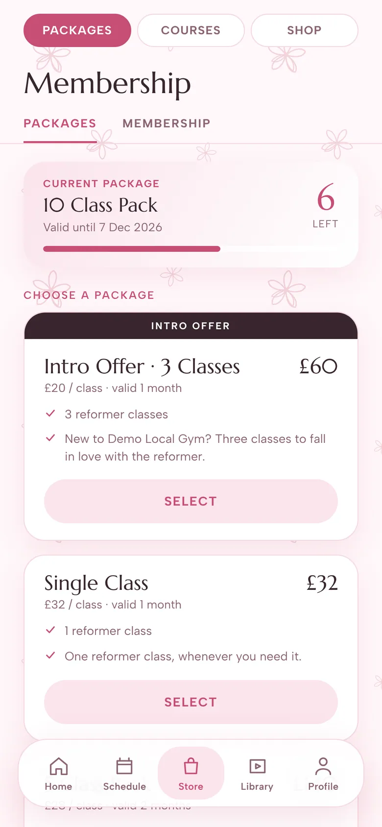 Store tab with Packages, Courses and Shop, showing the member's current 10 class pack with 6 credits left and package options