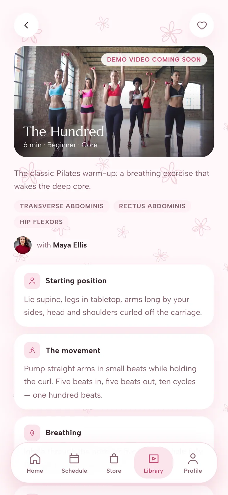 Exercise library guide for The Hundred with target muscles, instructor and step-by-step sections