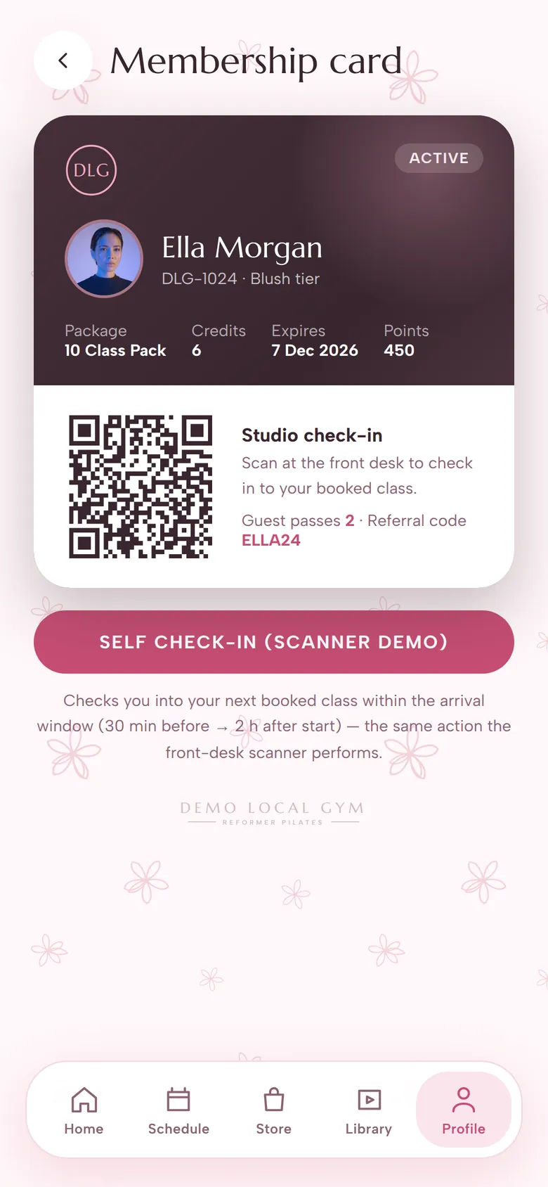 Digital membership card for a fictional member with package, credits, expiry, points and a QR code for studio check-in