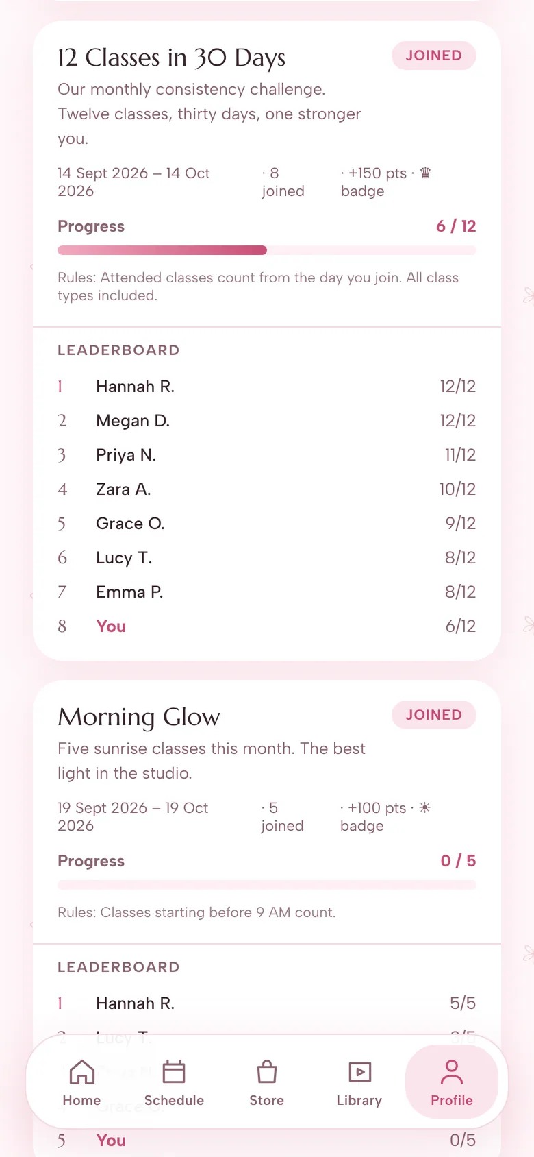 Studio challenge '12 Classes in 30 Days' with a progress bar and a leaderboard of fictional members shown by first name and initial