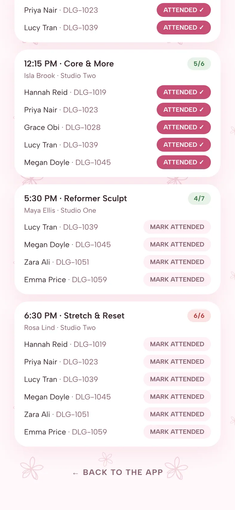 Studio CMS attendance list for the day, with each class's occupancy against capacity, attendees with membership numbers, attended markers for earlier classes and Mark attended buttons for later ones