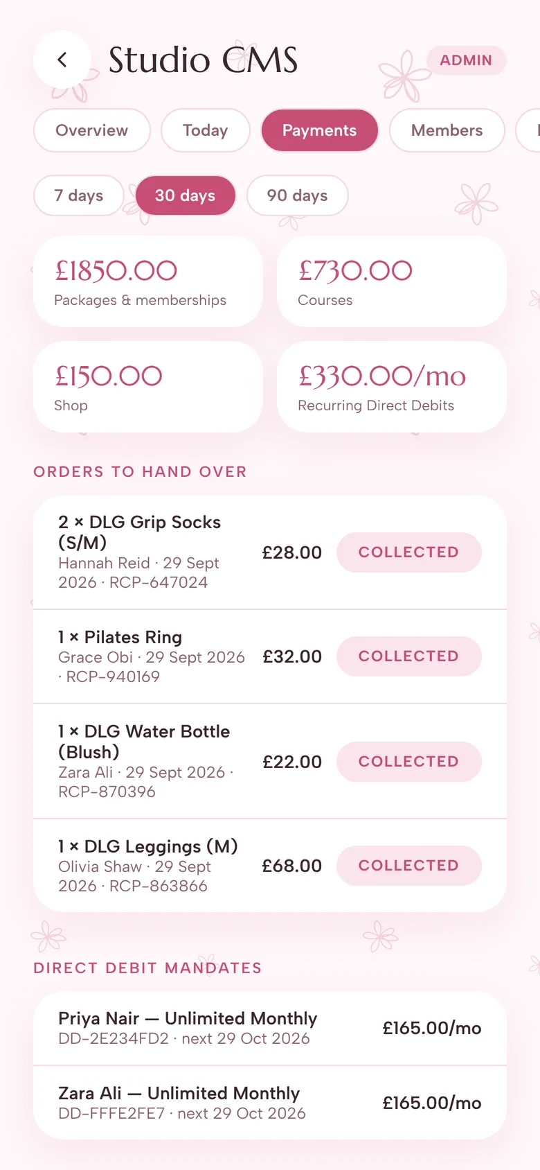 Studio CMS Payments view with totals for packages, courses, shop and recurring Direct Debits, shop orders to hand over and Direct Debit mandates