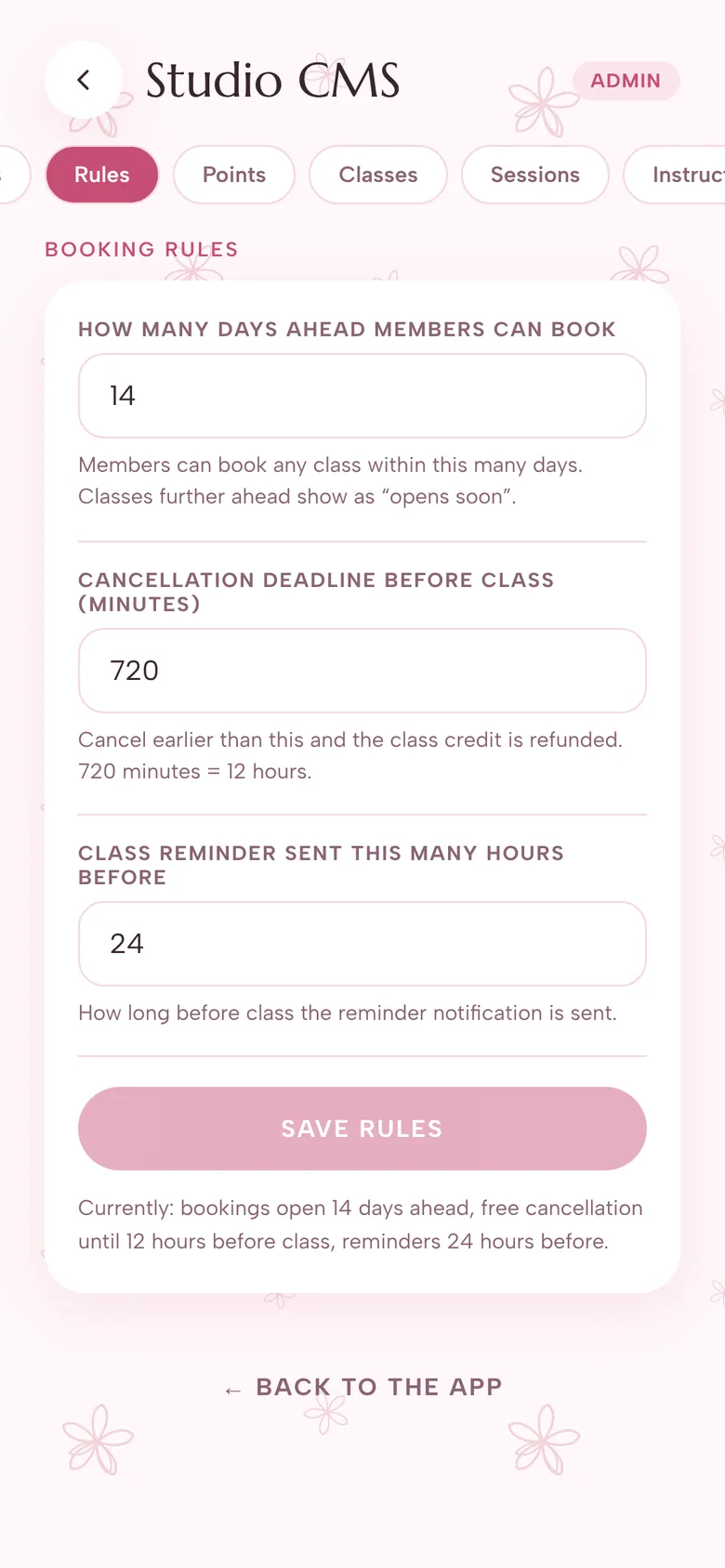 Studio CMS Rules tab with fields for the booking window (14 days), cancellation deadline (720 minutes) and reminder timing (24 hours), and a plain-English summary of the current policy