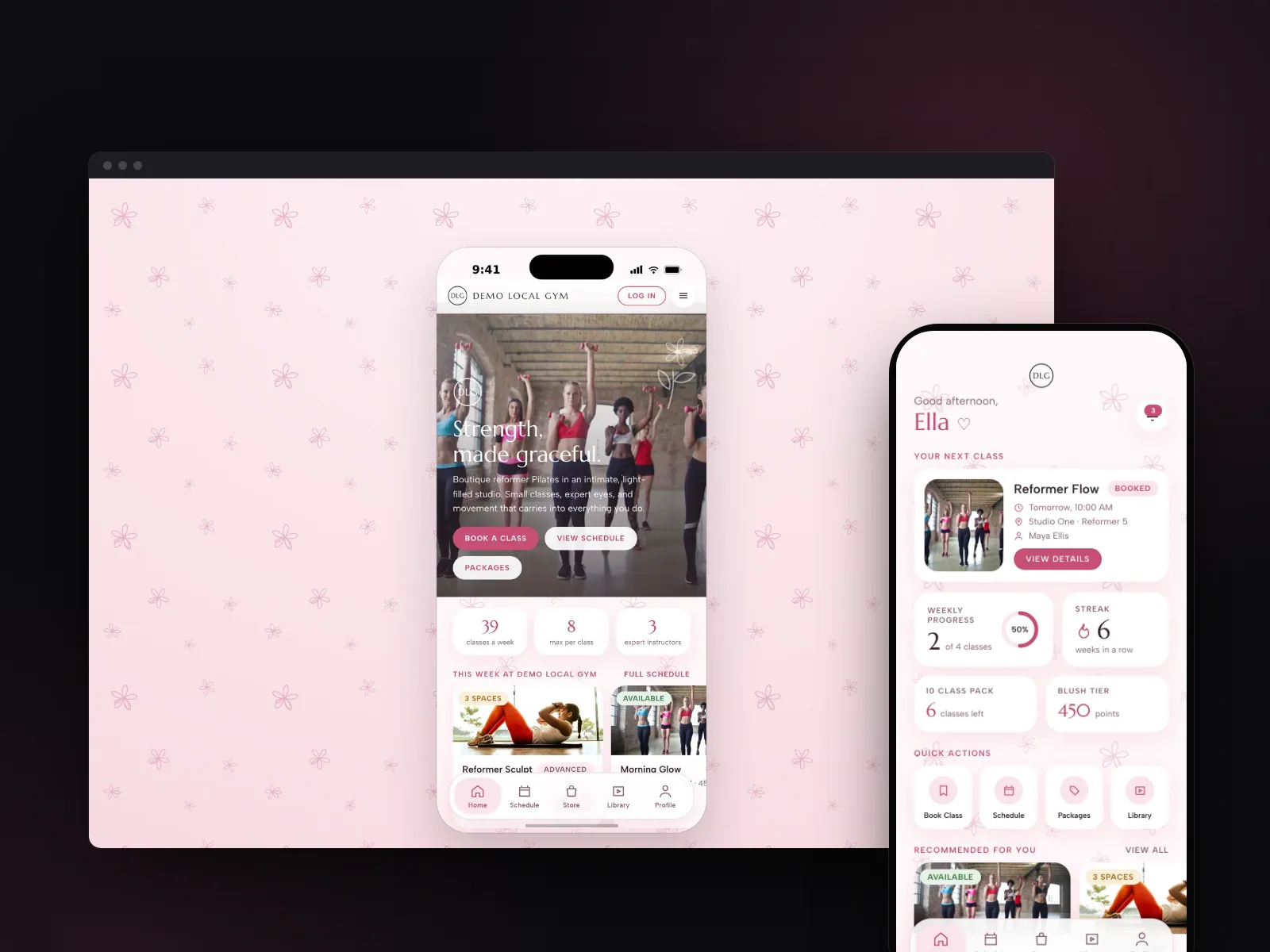 Demo Local Gym public website in its phone-frame desktop view on a pink floral background, beside the member dashboard on a phone