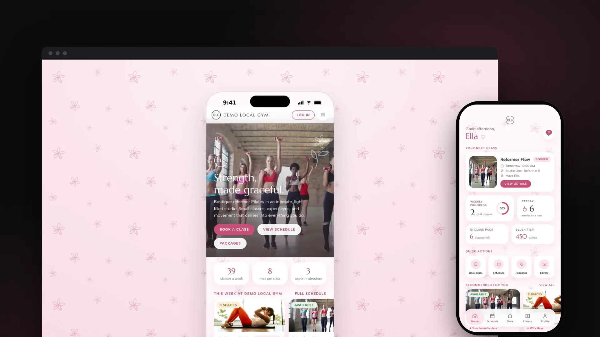 Demo Local Gym landing page with the 'Strength, made graceful' hero, alongside a member's personal dashboard showing their next booked class