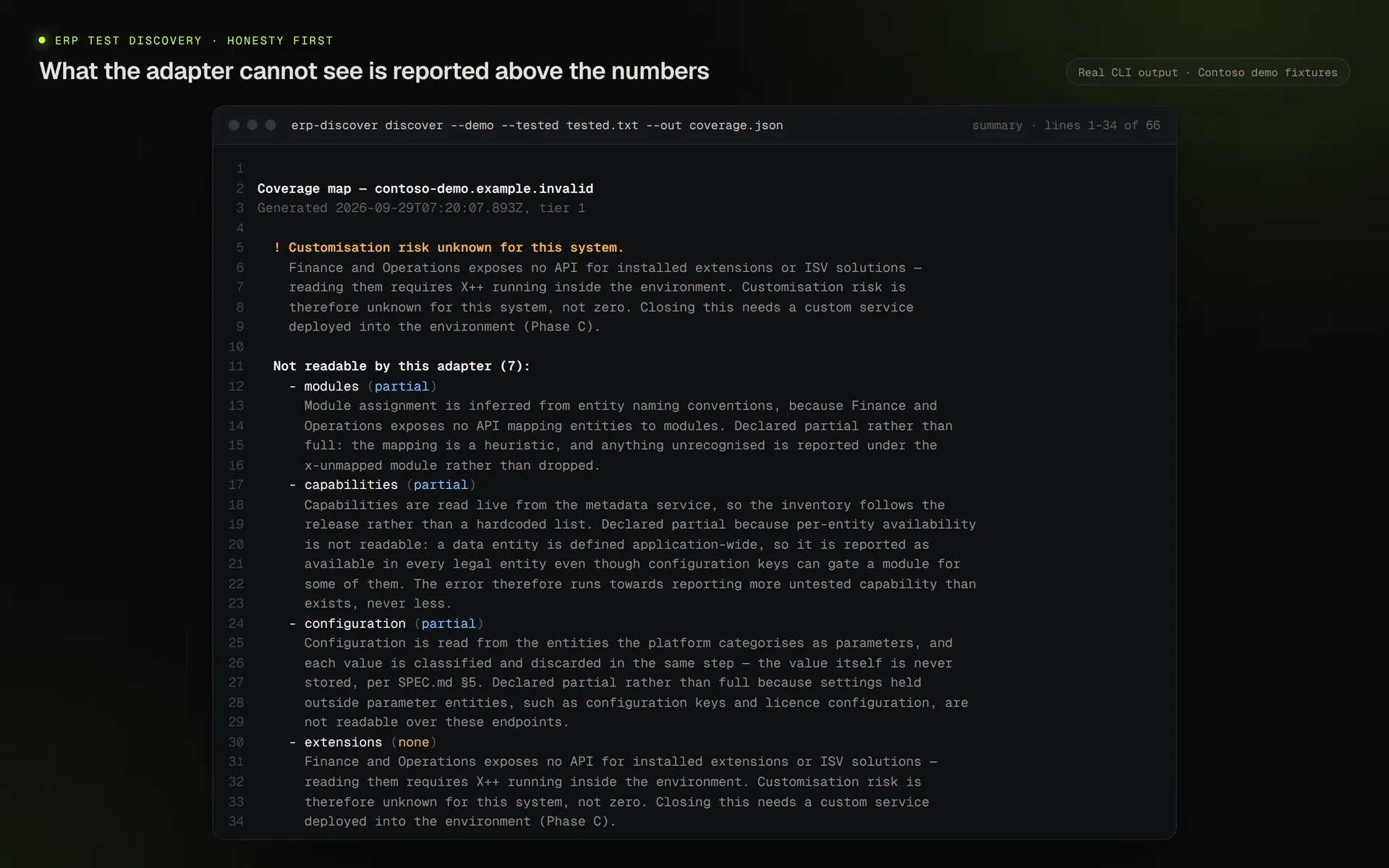 Top of the coverage summary showing a customisation risk unknown warning and a list of areas the adapter can only partly read or cannot read