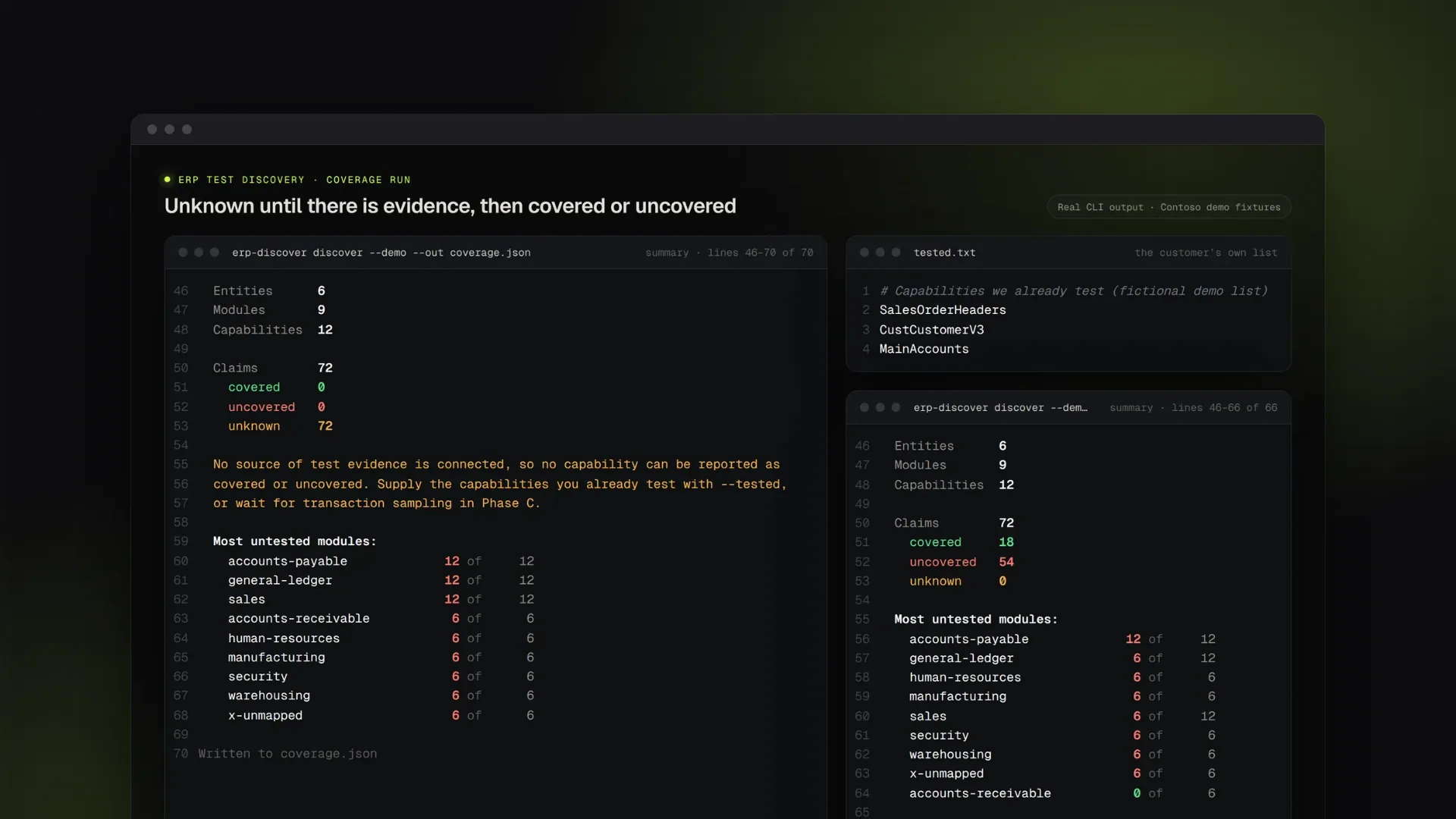 ERP Test Discovery command-line output comparing a coverage run with no test evidence against a run using the customer's own list of tested capabilities