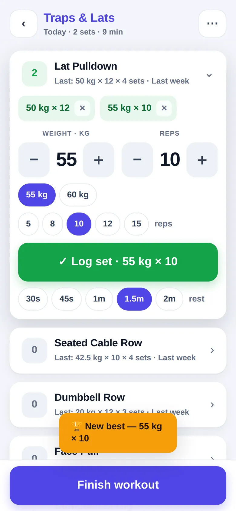 Traps & Lats workout in progress: Lat Pulldown card with two logged sets, weight and reps steppers, quick chips, a green Log set button and a New best message