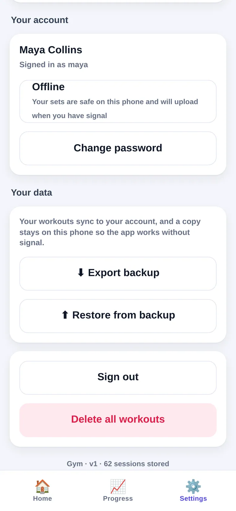 Settings screen with the account card reading Offline: your sets are safe on this phone and will upload when you have signal, above backup, restore and sign-out buttons