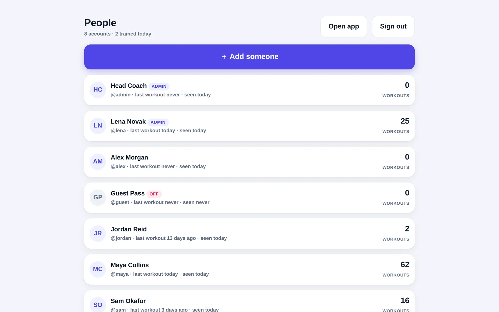 Gym admin People page listing accounts with initials, admin and off tags, last workout, last seen and workout counts