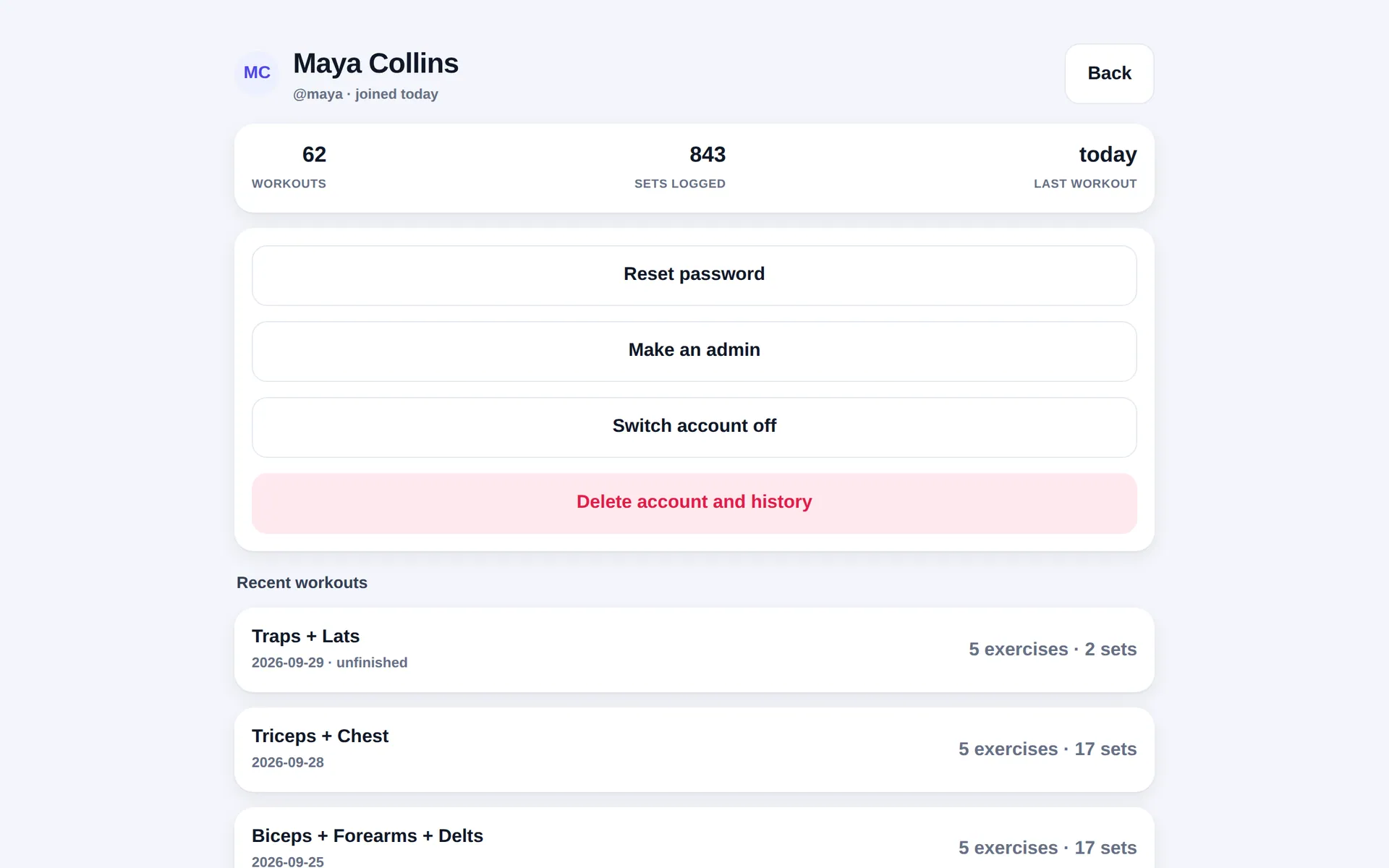 Admin view of one person showing 62 workouts and 843 sets logged, account actions and a list of recent workouts