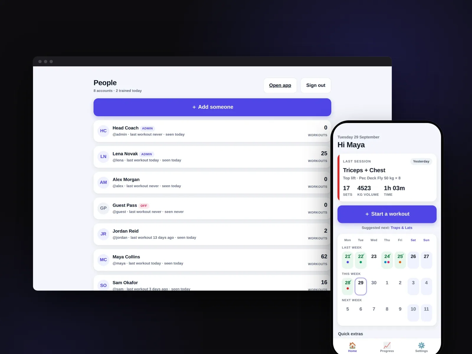 The Gym admin site's People list in a browser window beside the phone app's home screen, showing the last session and a three-week training calendar