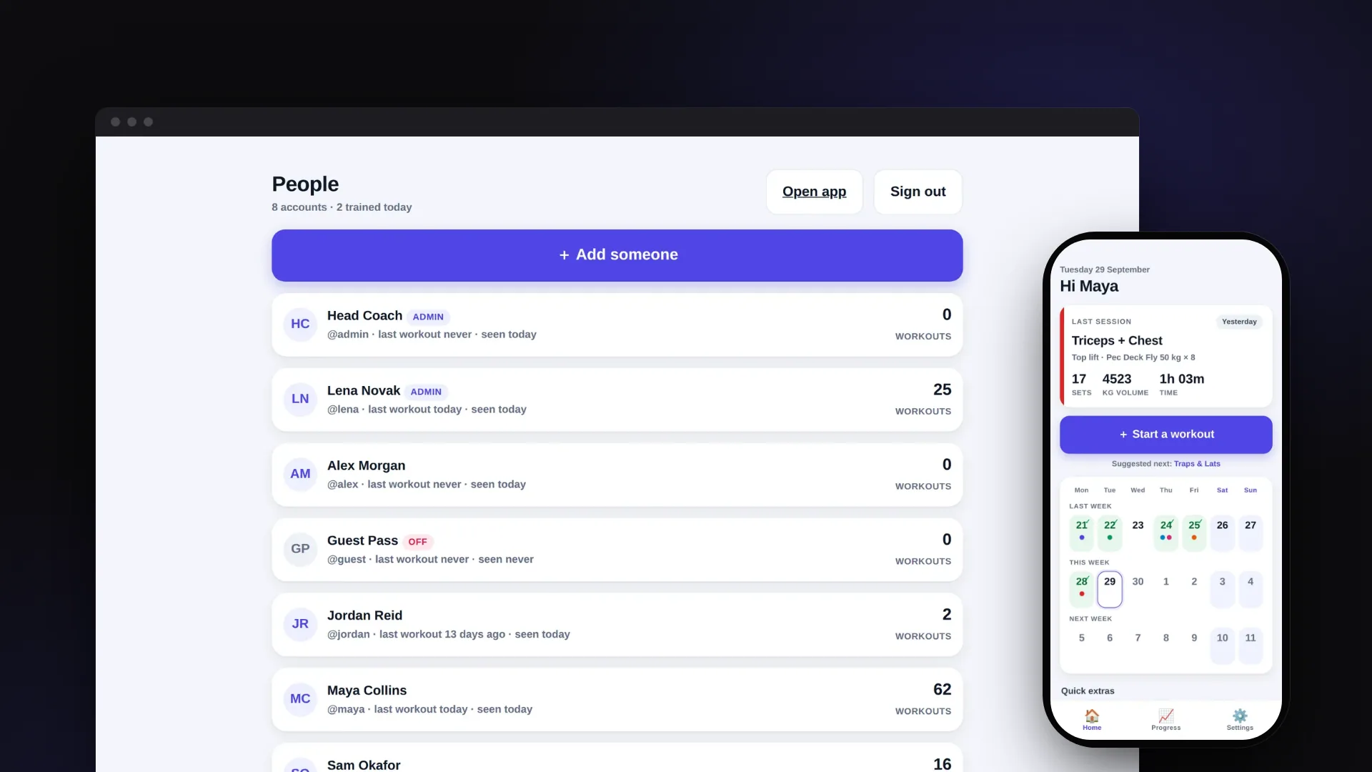 Gym admin People list in a browser window with the Gym phone dashboard, showing the last session, a Start a workout button and a training calendar