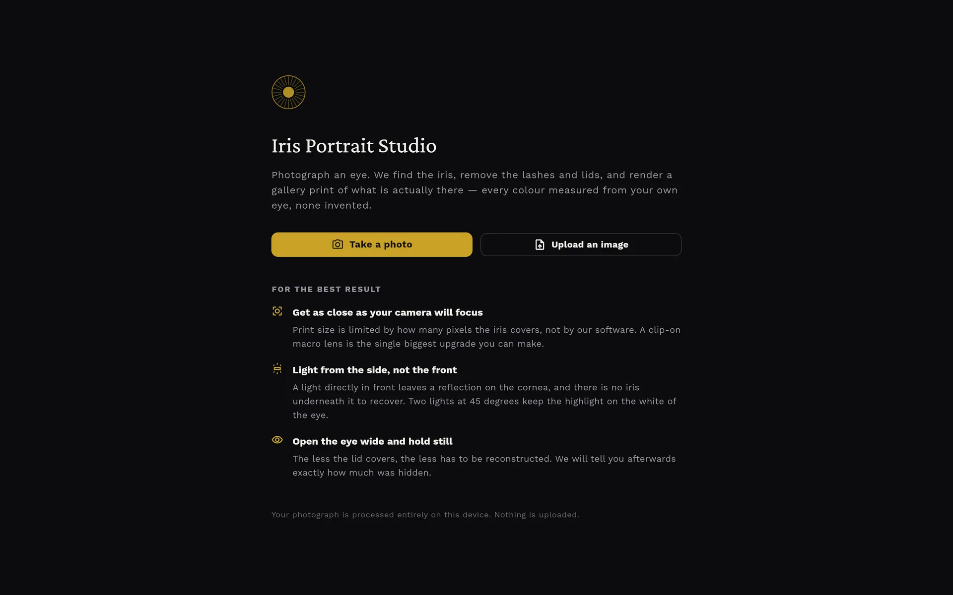 Iris Portrait Studio welcome screen with Take a photo and Upload an image buttons and three capture tips