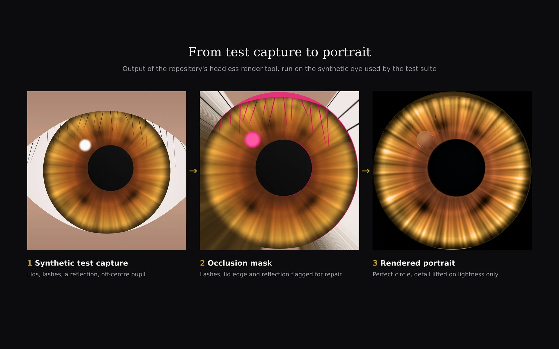 Three panels: a synthetic eye test image, the same iris with lashes and reflection highlighted in magenta, and the finished circular portrait