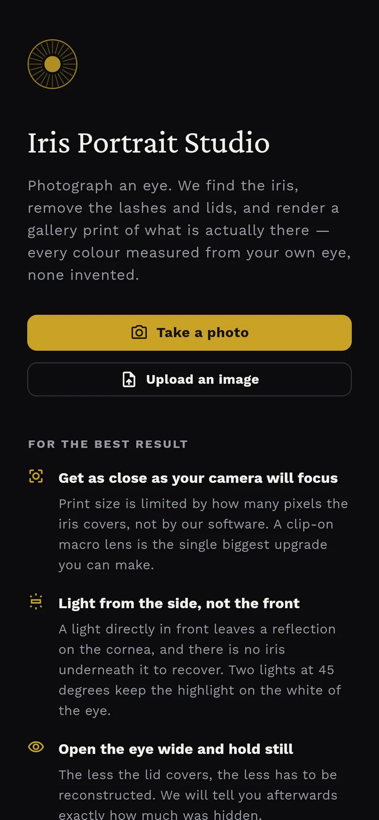 Iris Portrait Studio welcome screen on a phone with stacked buttons and capture tips