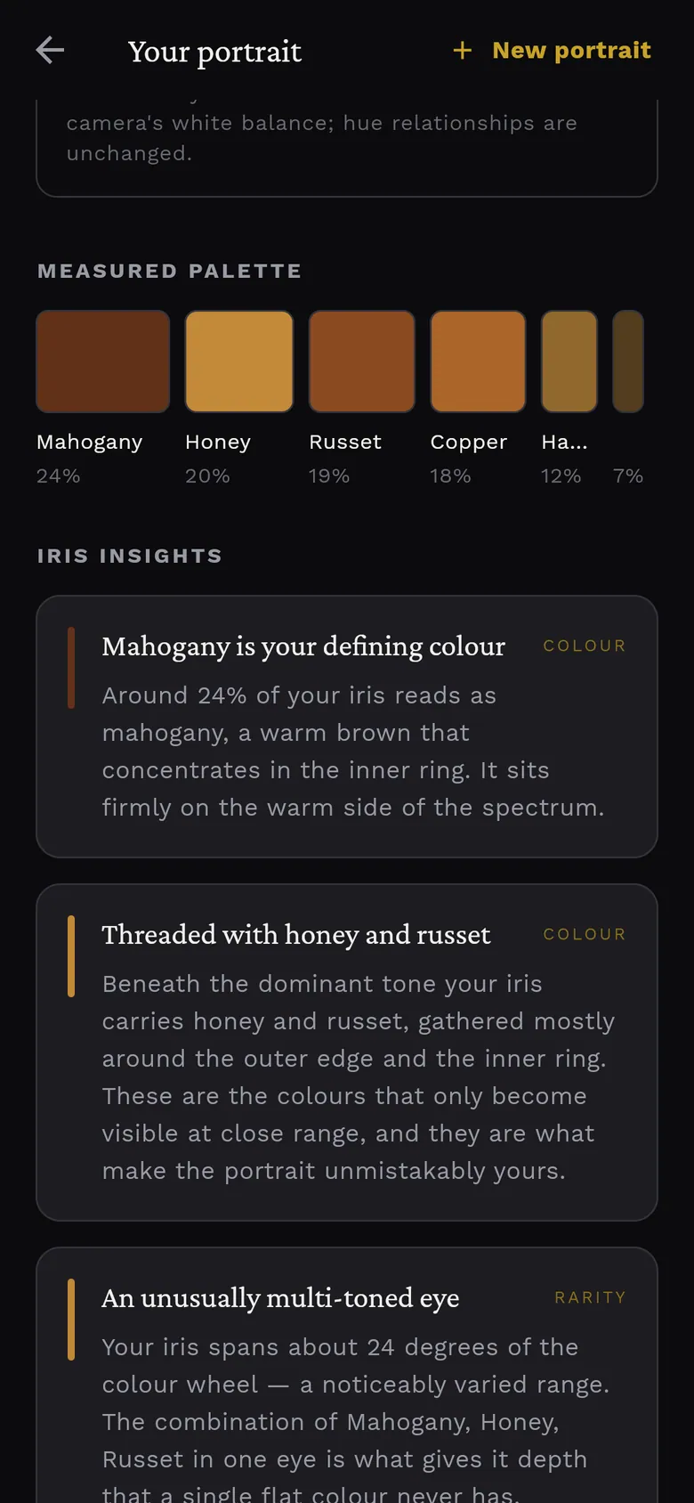 Mobile results screen with six measured palette swatches and insight cards about the dominant colour, the secondary colours and the eye's colour range