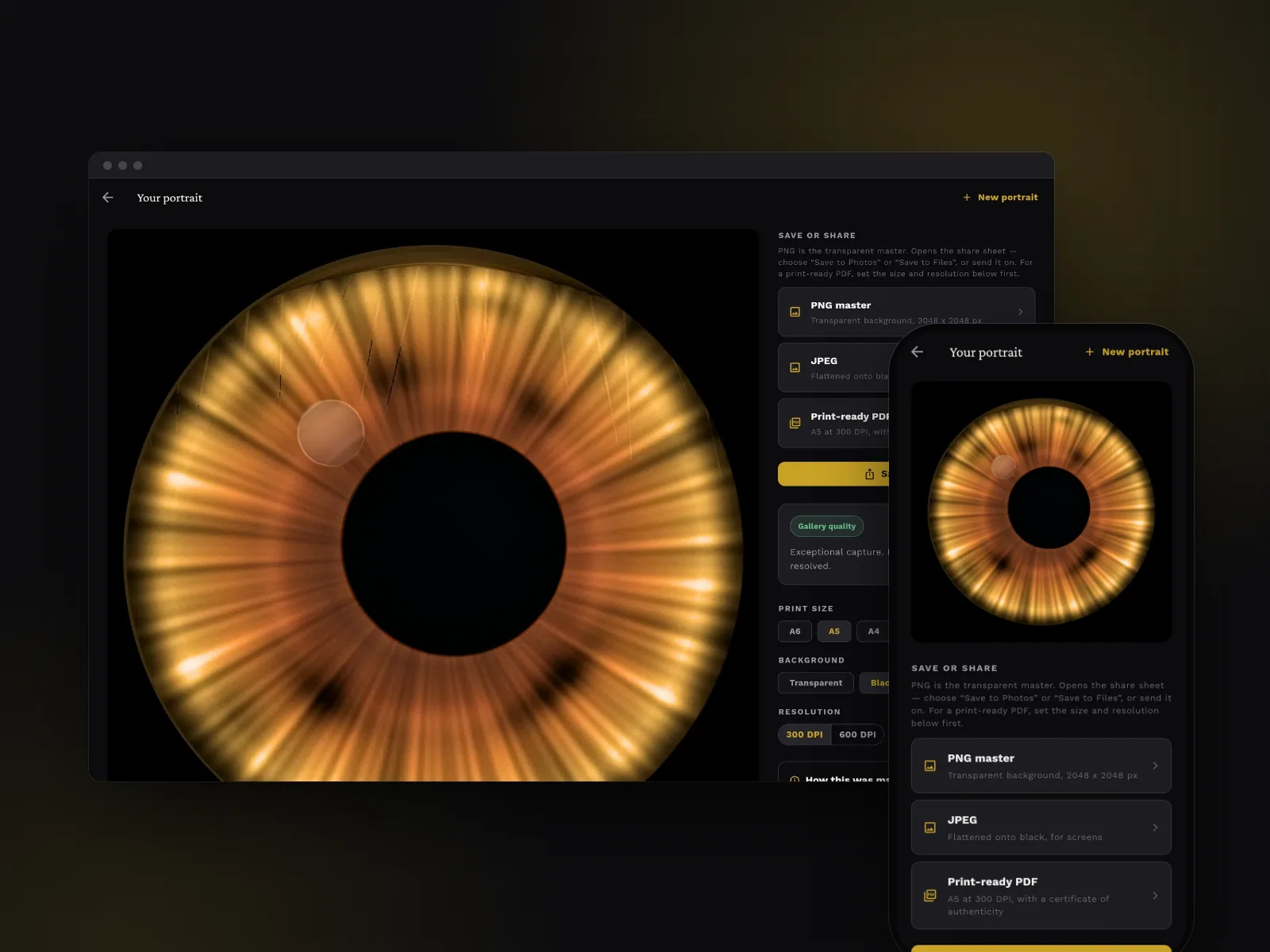 Iris Portrait Studio results screen in a browser and on a phone, showing a finished amber iris portrait on black beside PNG, JPEG and print-ready PDF export options