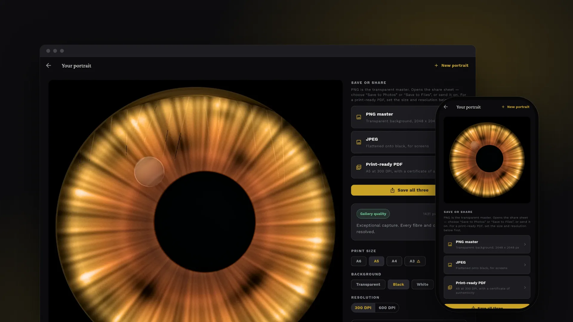 Finished iris portrait on a dark gallery-style interface with save options, capture grade and print size controls, shown on desktop and mobile