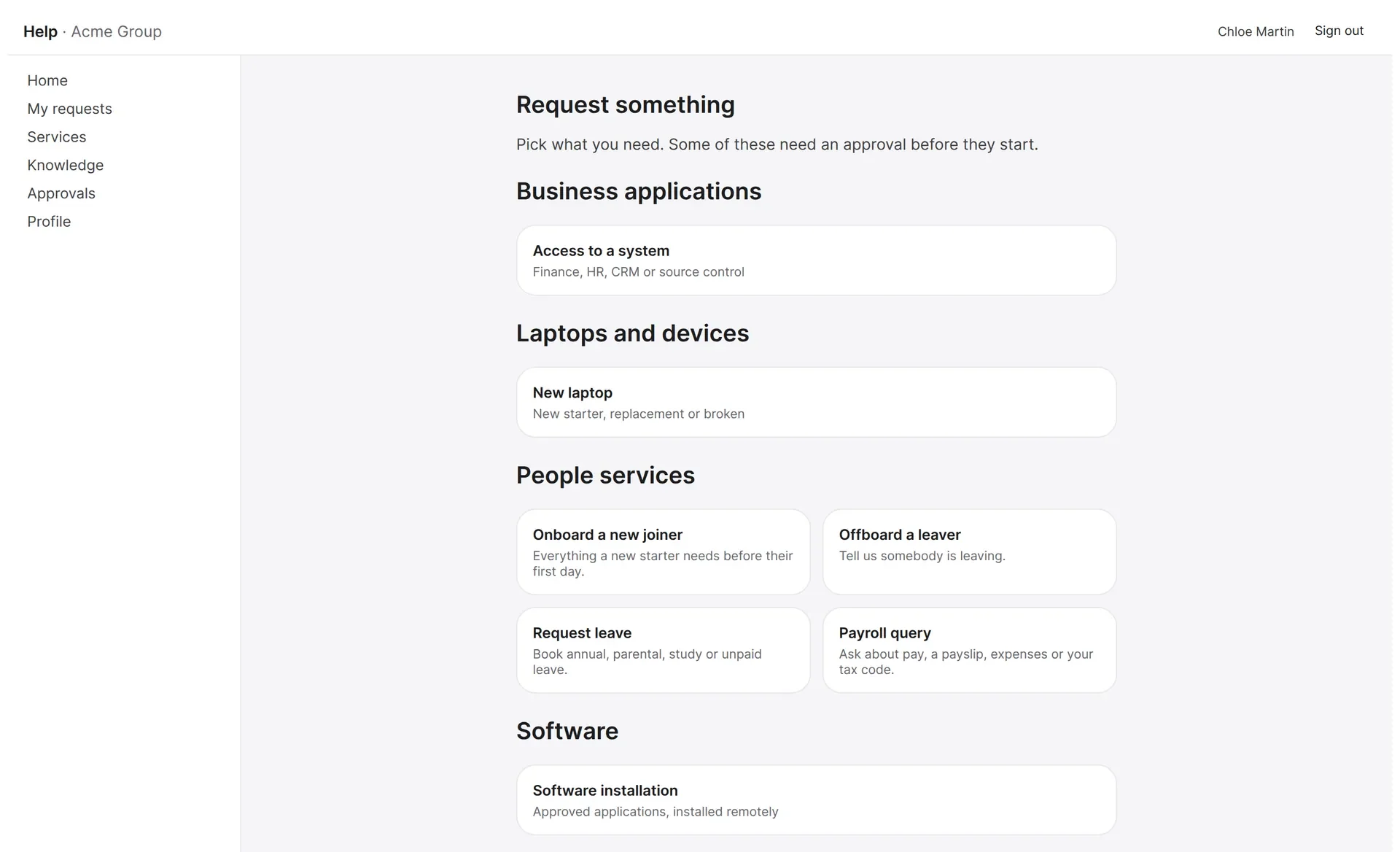 Requester portal service catalogue grouped into business applications, laptops and devices, people services and software