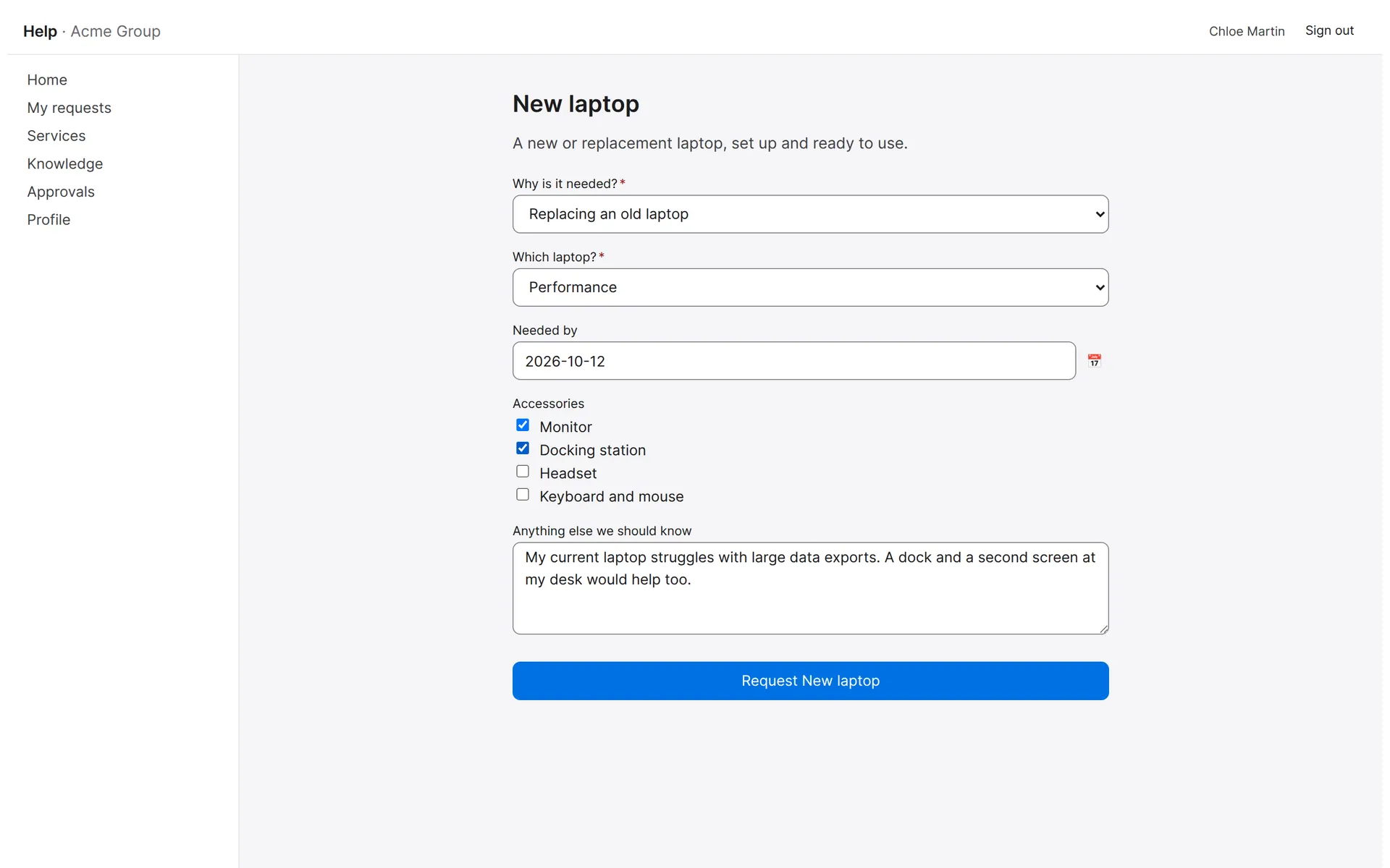 New laptop request form with reason, laptop type, date needed, accessory checkboxes and notes filled in