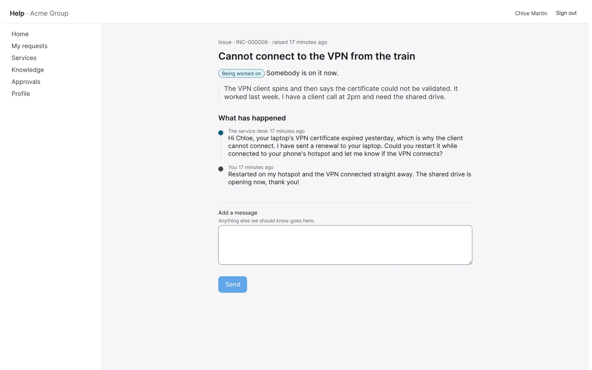 Requester view of a VPN ticket showing the service desk's reply and the requester's response