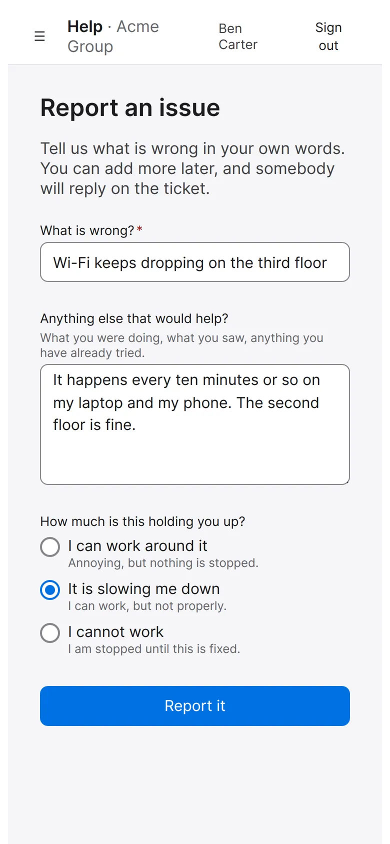 Mobile report-an-issue form asking what is wrong and how much it is holding the person up