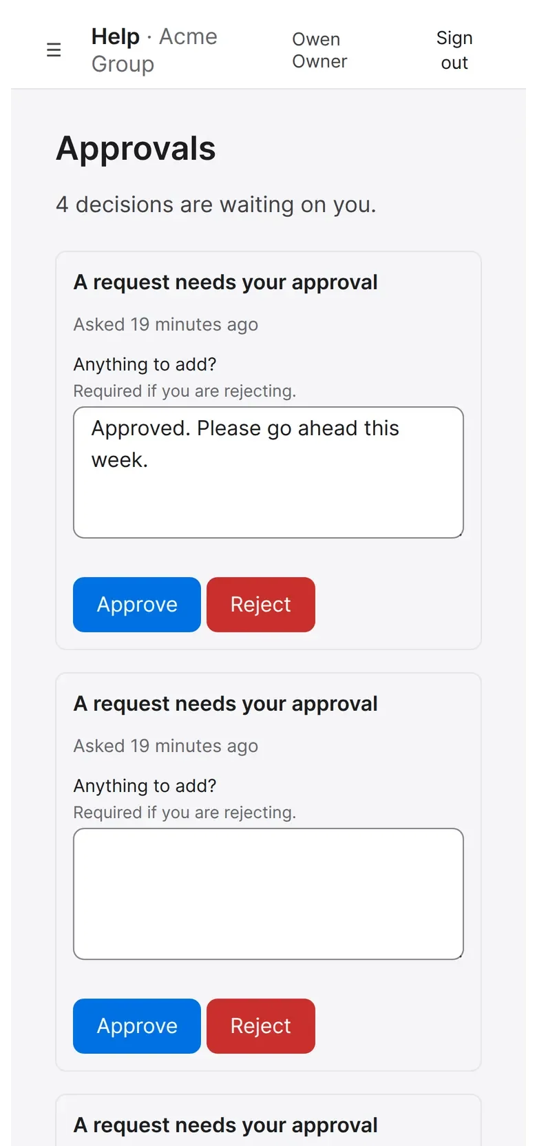 Mobile approvals inbox with approve and reject buttons and a comment box