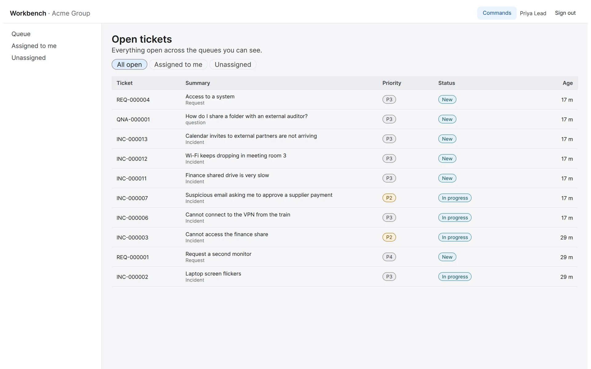 Agent workbench queue listing open incidents, requests and a question with priority and status badges