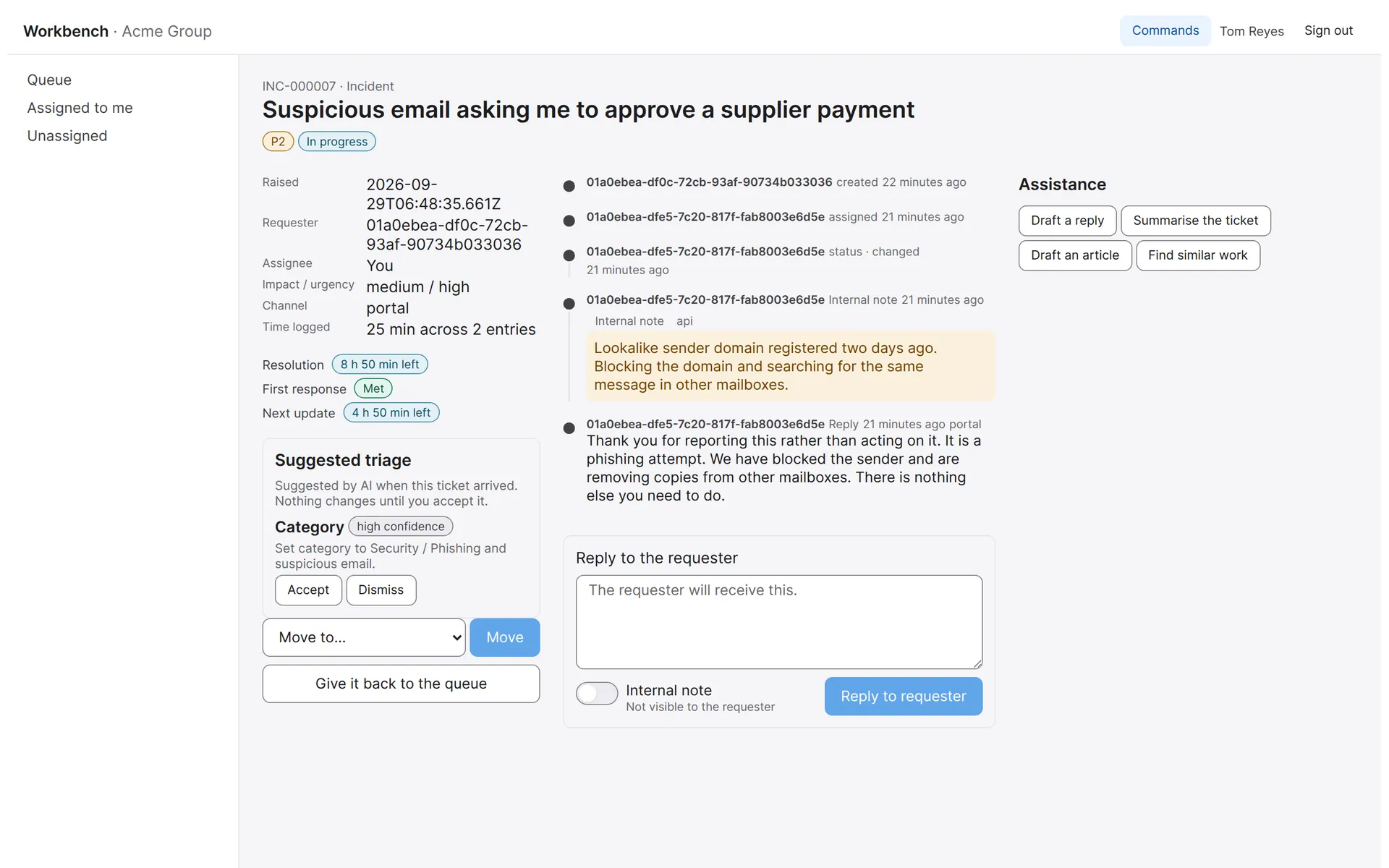 Ticket workspace with SLA clocks, an AI triage suggestion, an internal note, a reply and the reply composer