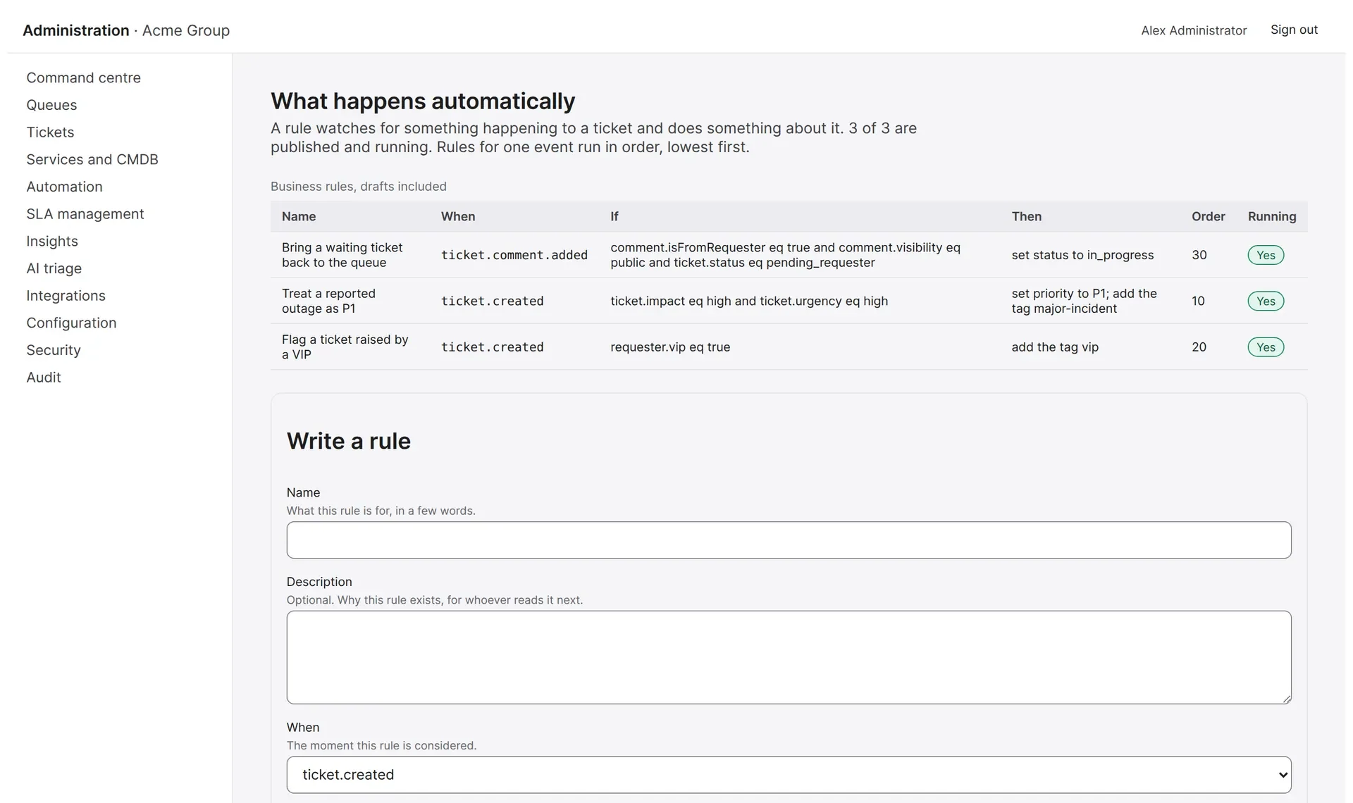Business rules list with triggers, conditions and actions, above a rule builder form