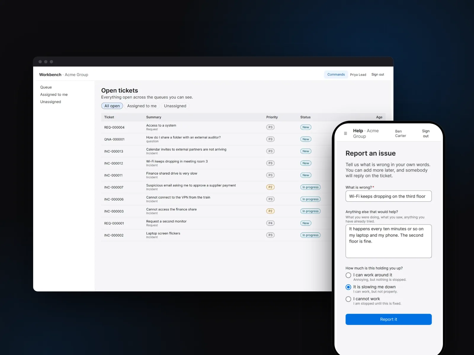 The agent workbench queue of open incidents and requests with priority and status badges, beside the requester portal's report-an-issue form on a phone